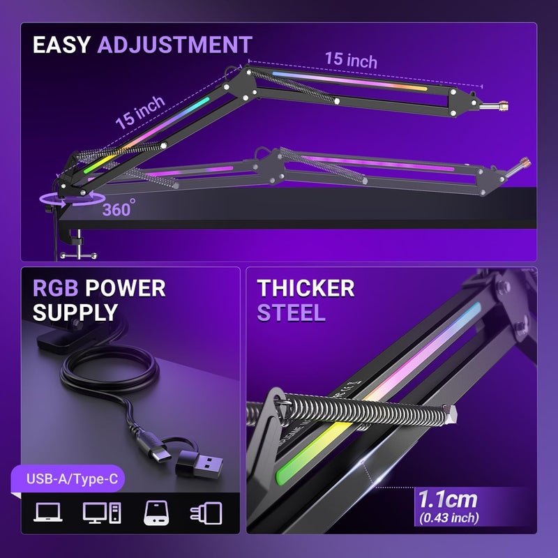 FIFINE ذراع ميكروفون قابل للتعديل، حامل ميكروفون معدني مع تحكم RGB، محول برغي 3/8” إلى 5/8”، مشبك تثبيت على المكتب، حامل ميكروفون معلق لستريمينغ الألعاب والبودكاست - AmpliGame BM38 - Image 5